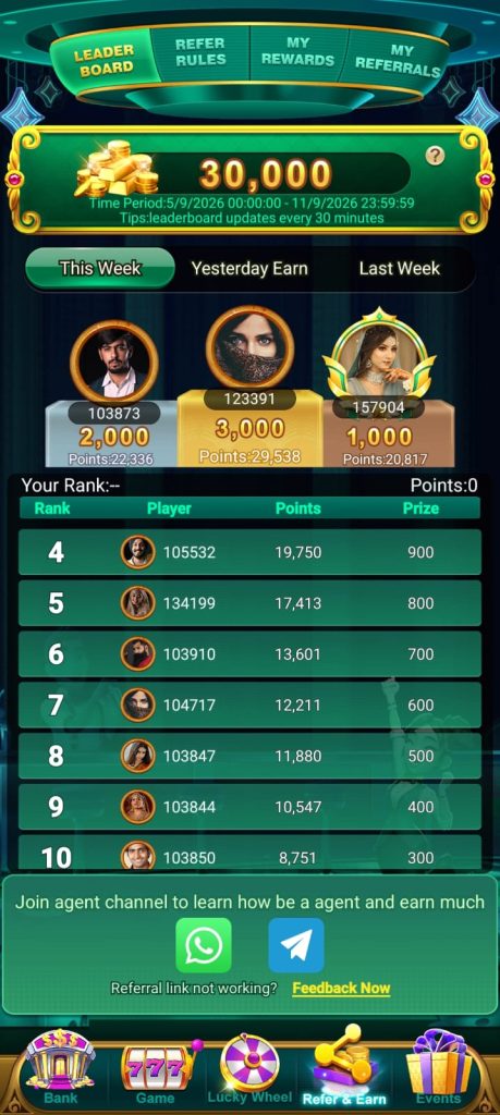 MONEYRUMMY leaderboard screen displaying ranked players, points, prizes and referral options in a green gaming interface