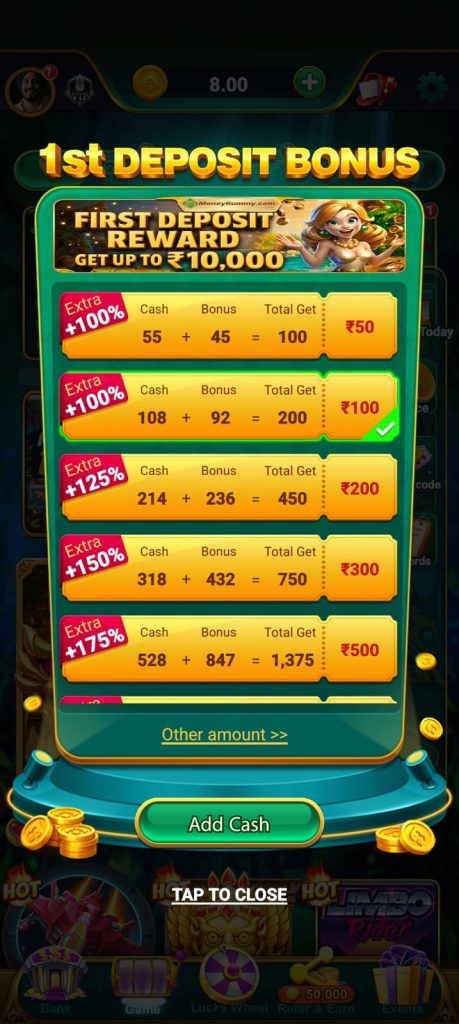 MONEYRUMMY first deposit bonus screen with golden rewards, green gaming interface and multiple deposit bonus options