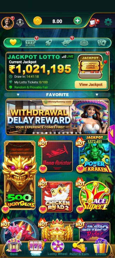 MONEYRUMMY gaming lobby with jackpot banner, colorful game cards, navigation menu and emerald themed interface