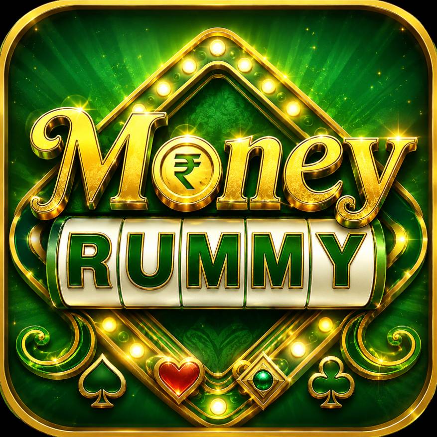 Luxury 3D Money Rummy gaming logo with golden typography, rupee coin, emerald green background, glowing lights, and playing card symbols.